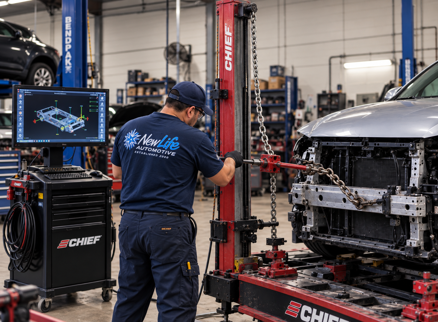 New Life Automotive technician in a branded navy shirt operating a Chief computerized frame straightening rack and laser measurement system at Fullerton, CA collision repair shop