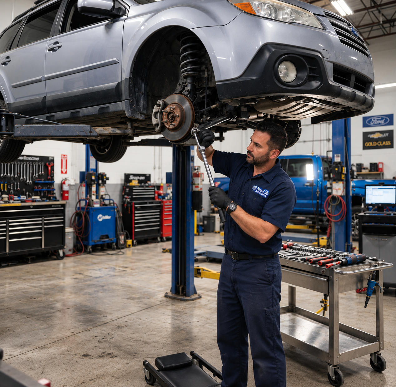 New Life Automotive technician in a branded navy shirt using a torque wrench on steering and suspension under a car raised on a hydraulic lift in Fullerton, CA shop