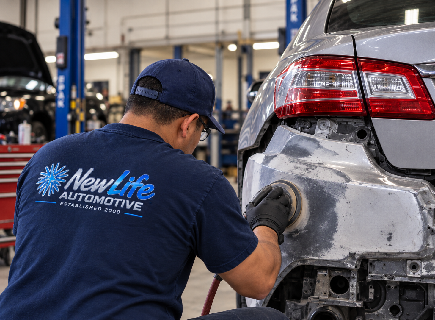 New Life Automotive technician in a branded navy shirt performing rear-end damage repair on a silver vehicle bumper and quarter panel at Fullerton, CA collision repair shop