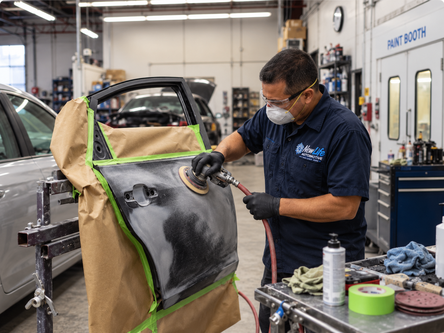 New Life Automotive technician in branded shirt using a power sander on a car door panel for paint and scratch repair in Fullerton, CA shop