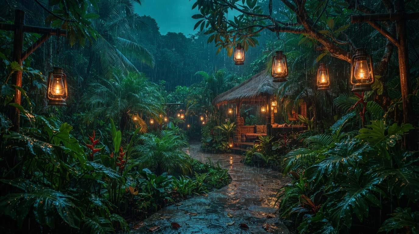 Wet stone path through a rainy garden at dusk