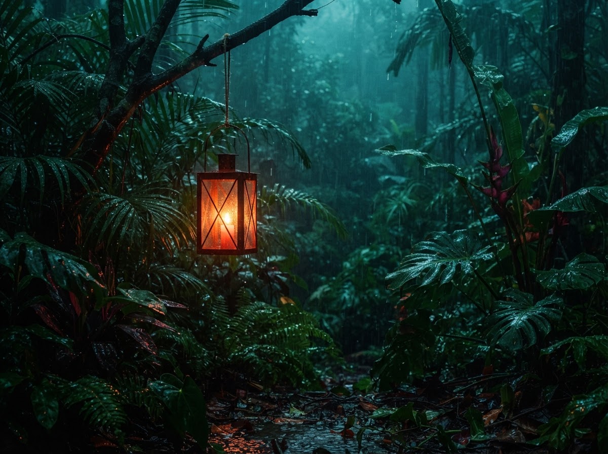 A rainy tropical garden at dusk with warm lantern light