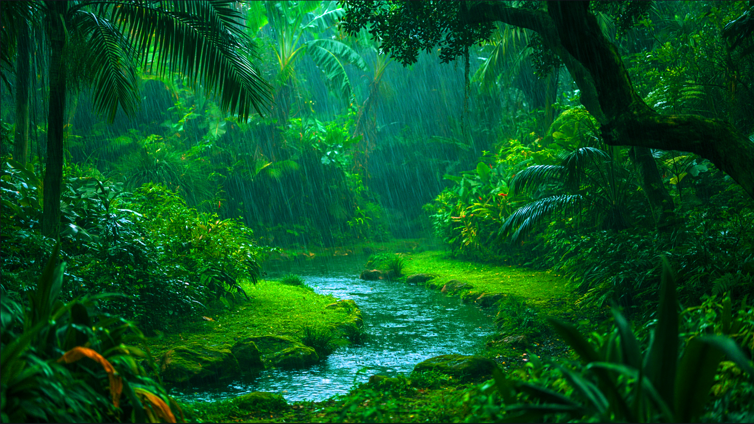 A single warm lantern glowing among wet emerald leaves