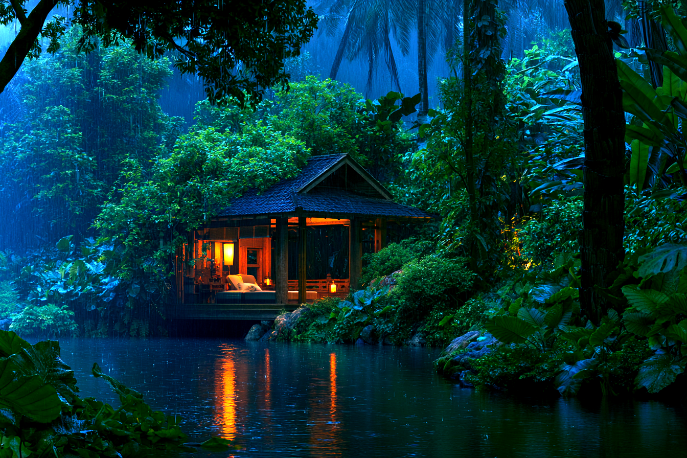 A rainy tropical garden pavilion at dusk, lit by warm lanterns