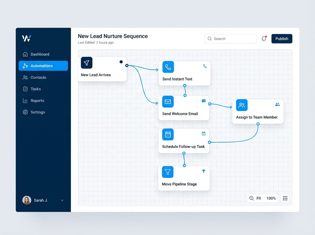 Benchmark automated campaigns and workflows dashboard showing a visual automation builder with trigger-action blocks, a branded email newsletter, a bulk SMS text blast, and an automated nurture sequence timeline for a service business