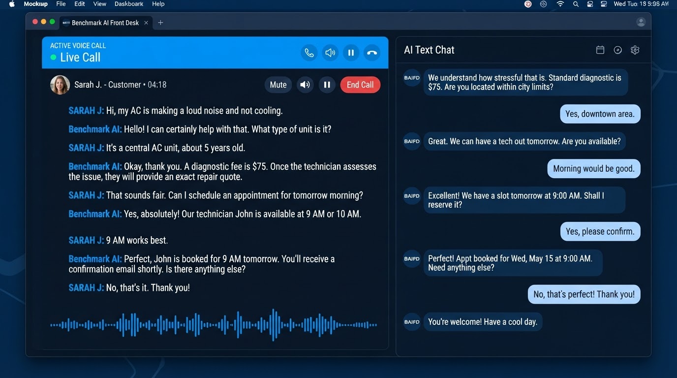Benchmark AI communications and unified inbox dashboard showing a live phone call with transcription, a text chat window where the AI answers questions and books an appointment, an instant missed-call text-back, and SMS, email, social DMs, and web chat all flowing into one conversation view for a service business