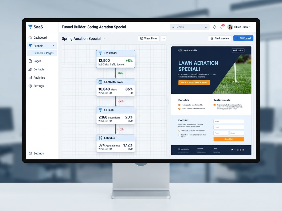 Benchmark funnels and landing pages builder showing a drag-and-drop funnel editor, a campaign landing page preview for a seasonal service offer, and a funnel flow diagram with conversion steps and drop-off percentages for a service business