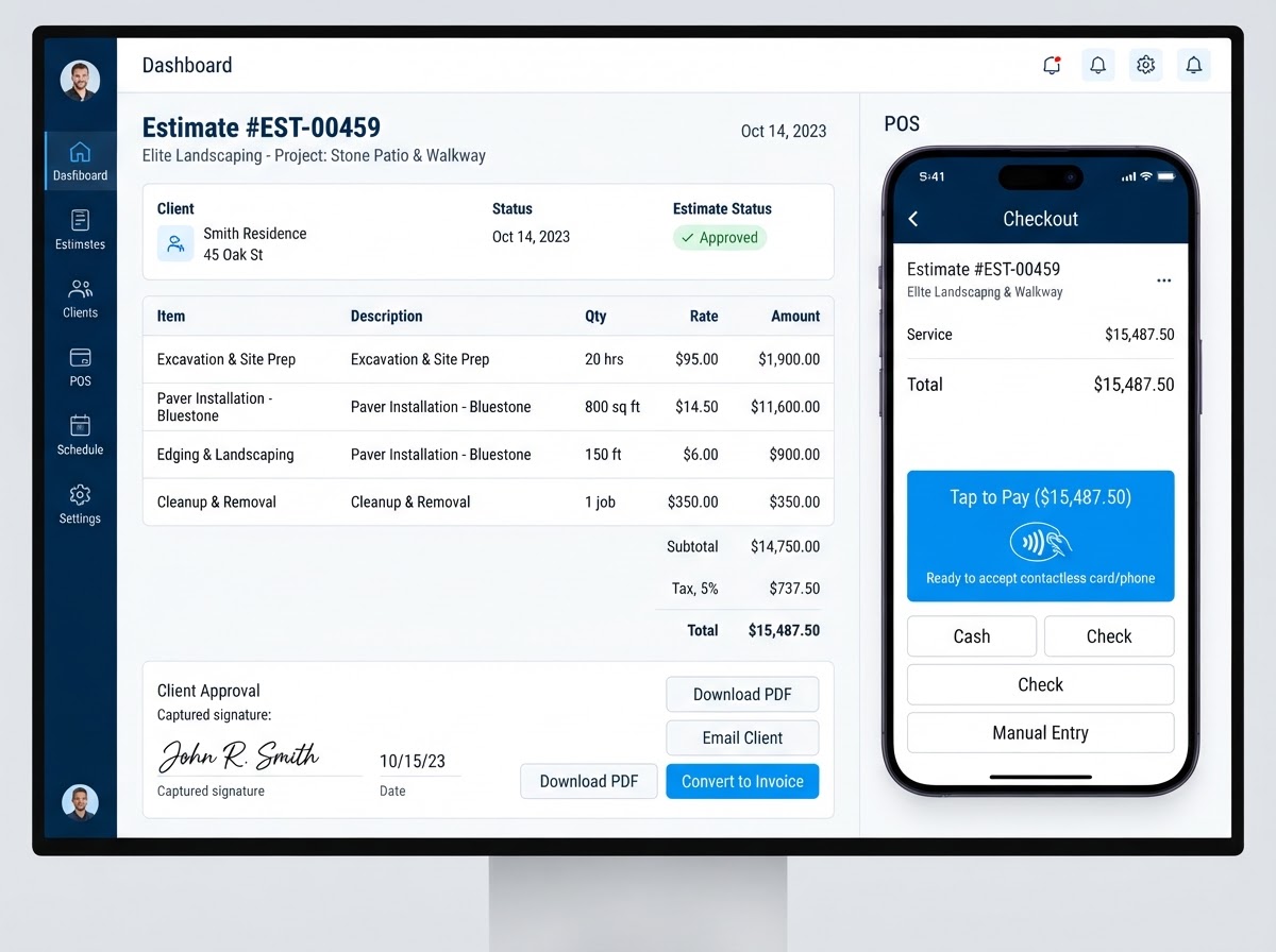 Benchmark estimates and point-of-sale dashboard showing a detailed estimate document with line items and a mobile tap-to-pay payment screen for a service business