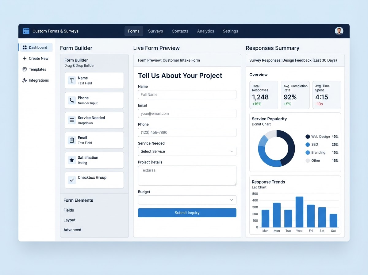 Benchmark custom forms and surveys builder showing a drag-and-drop form builder with fields, a live customer intake form preview, and a survey responses summary with charts for a service business