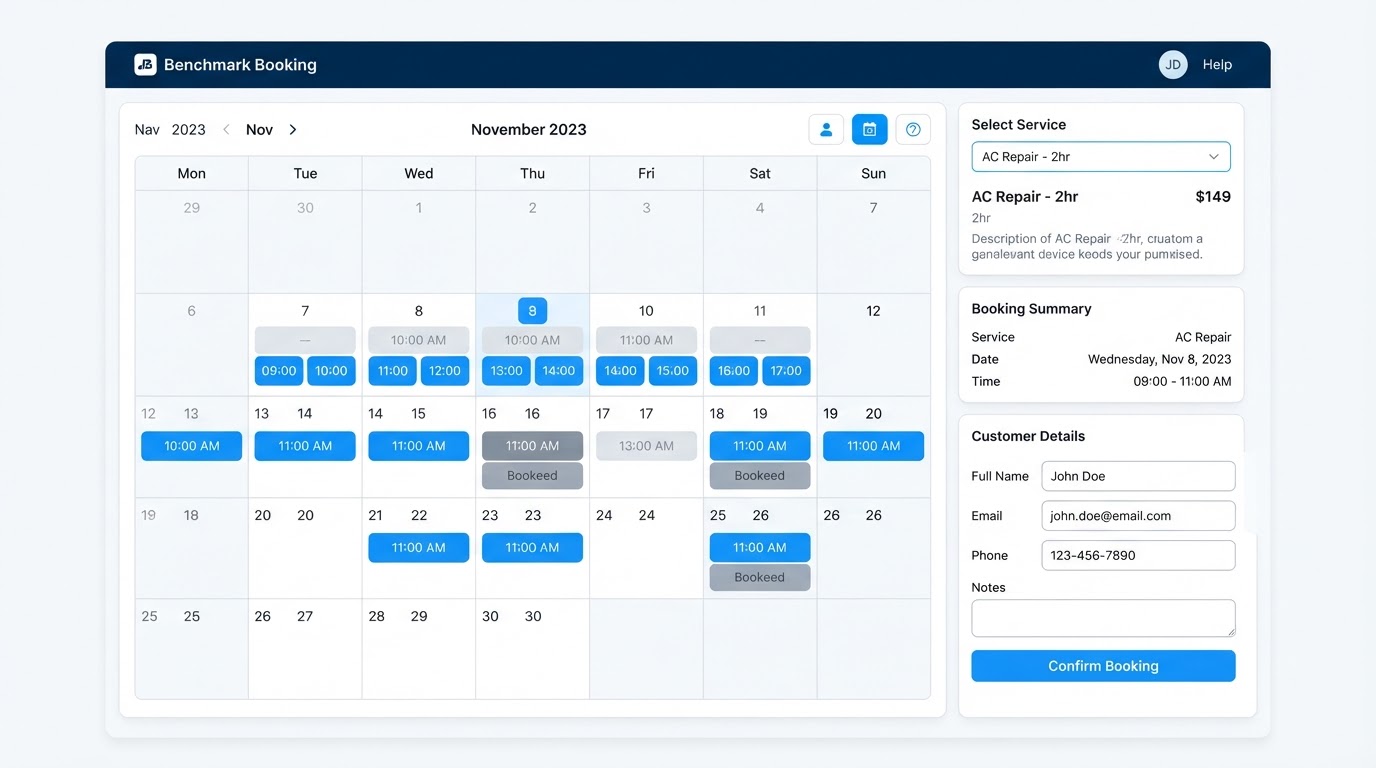 Benchmark online booking calendar interface showing available time slots, service selection, and a booking confirmation card for a service business