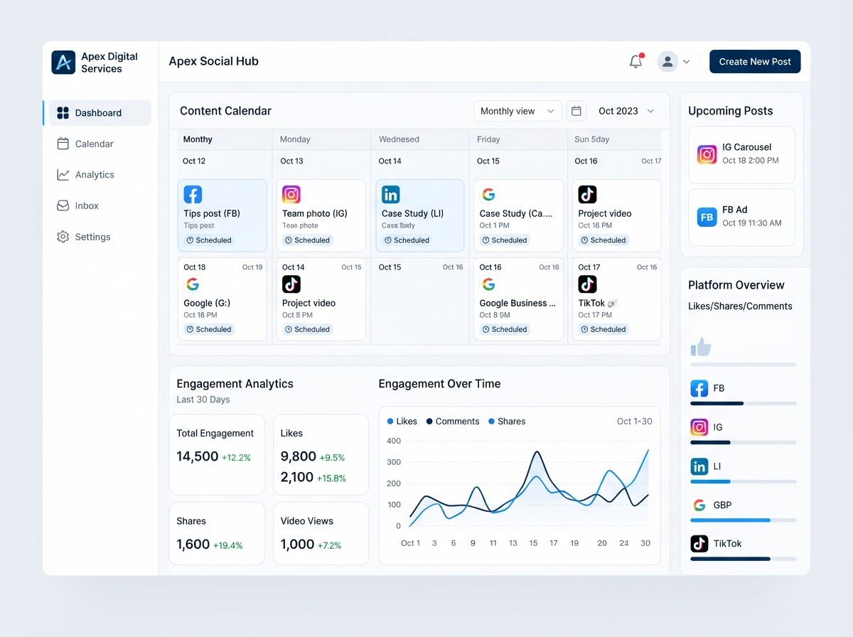 Benchmark marketing and ad management dashboard showing a social media content calendar, scheduled posts across Facebook and Instagram, paid social ad campaigns, and Google PPC search ad performance with engagement and spend metrics for a service business