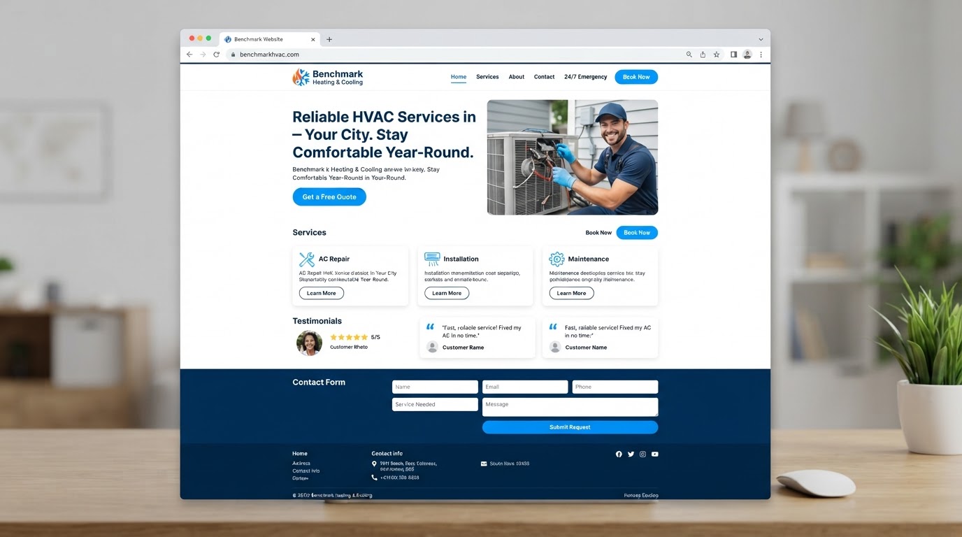 Benchmark-built customer-friendly service business website with hero section, service cards, and a prominent Book Now button