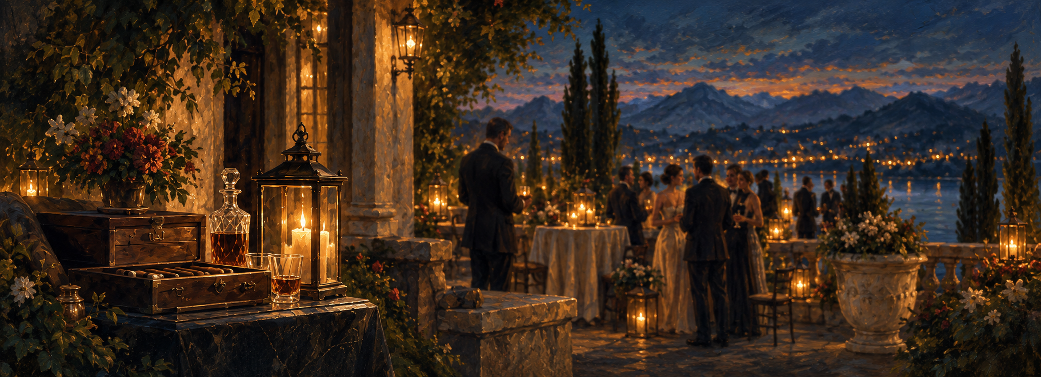 Oil painting of an evening terrace gathering at a lakeside villa with cigar presentation in the foreground