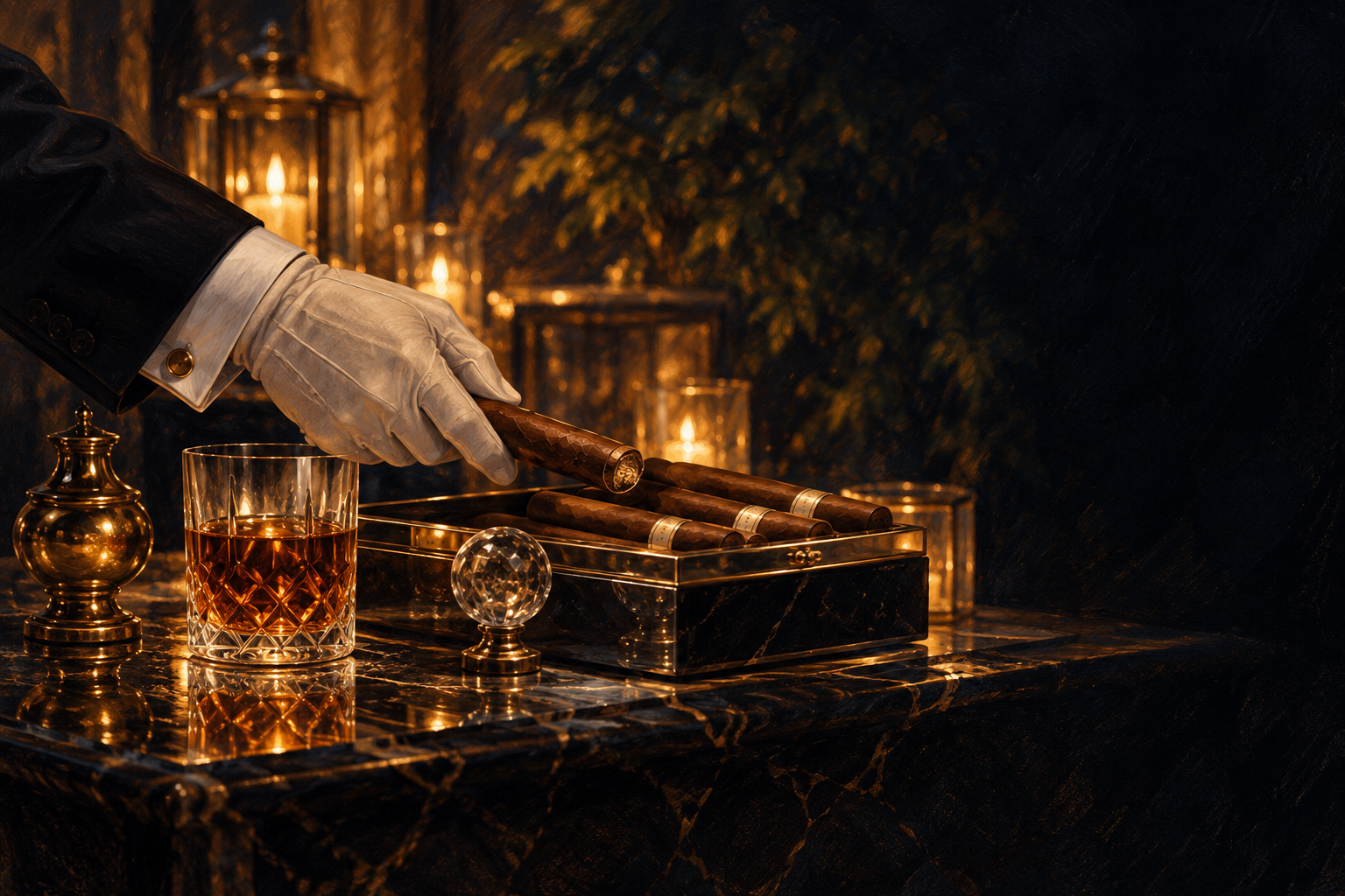 Oil painting detail of a white-gloved butler presenting cigars beside crystal whiskey glass and candlelight