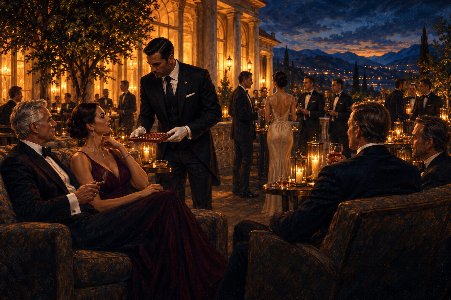 Oil painting of a butler presenting cigars to guests on an open terrace at dusk overlooking distant mountains