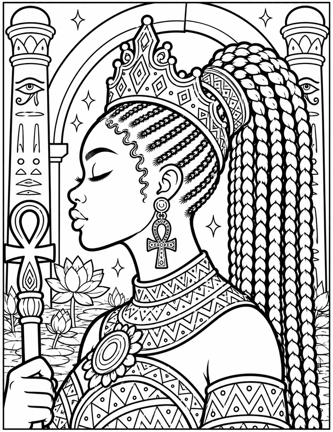 Line art coloring page sample by The Graphic Trap™ featuring an Egyptian queen portrait with ankh staff and braided crown