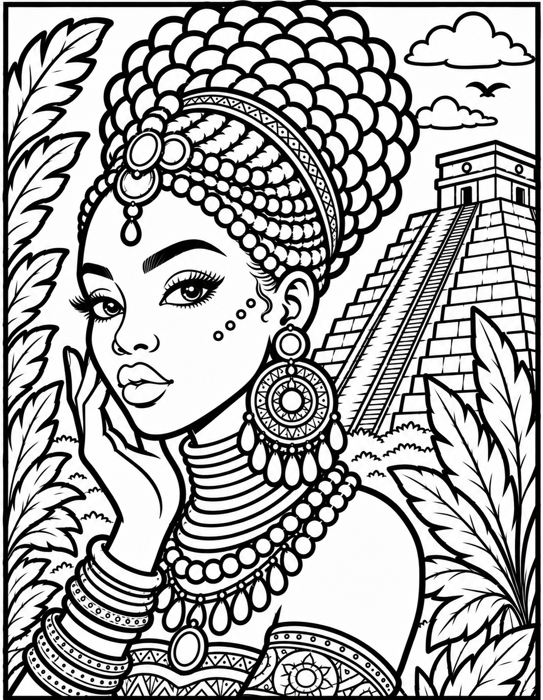 Black and white line art coloring page of a crown goddess with beaded jewelry and a Mayan pyramid backdrop