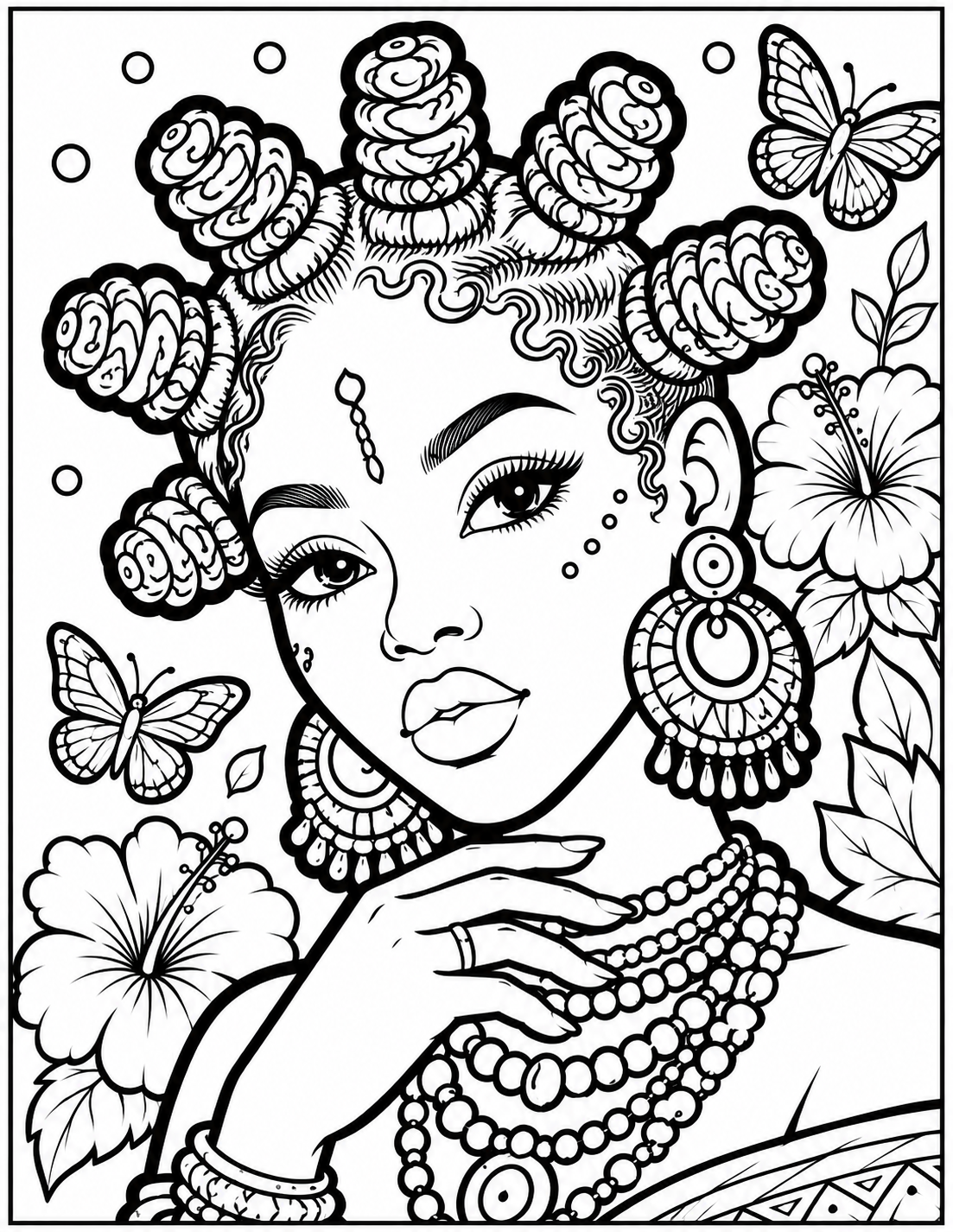 High-detail line art coloring page featuring a woman with Bantu knots, hibiscus flowers, and butterflies