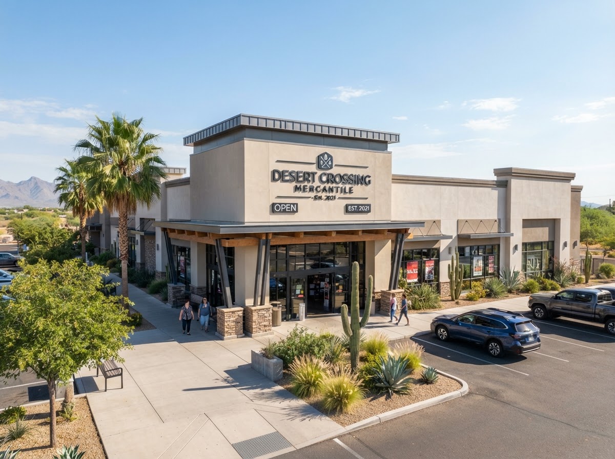 Commercial store front building with smooth beige stucco finish in Buckeye Arizona