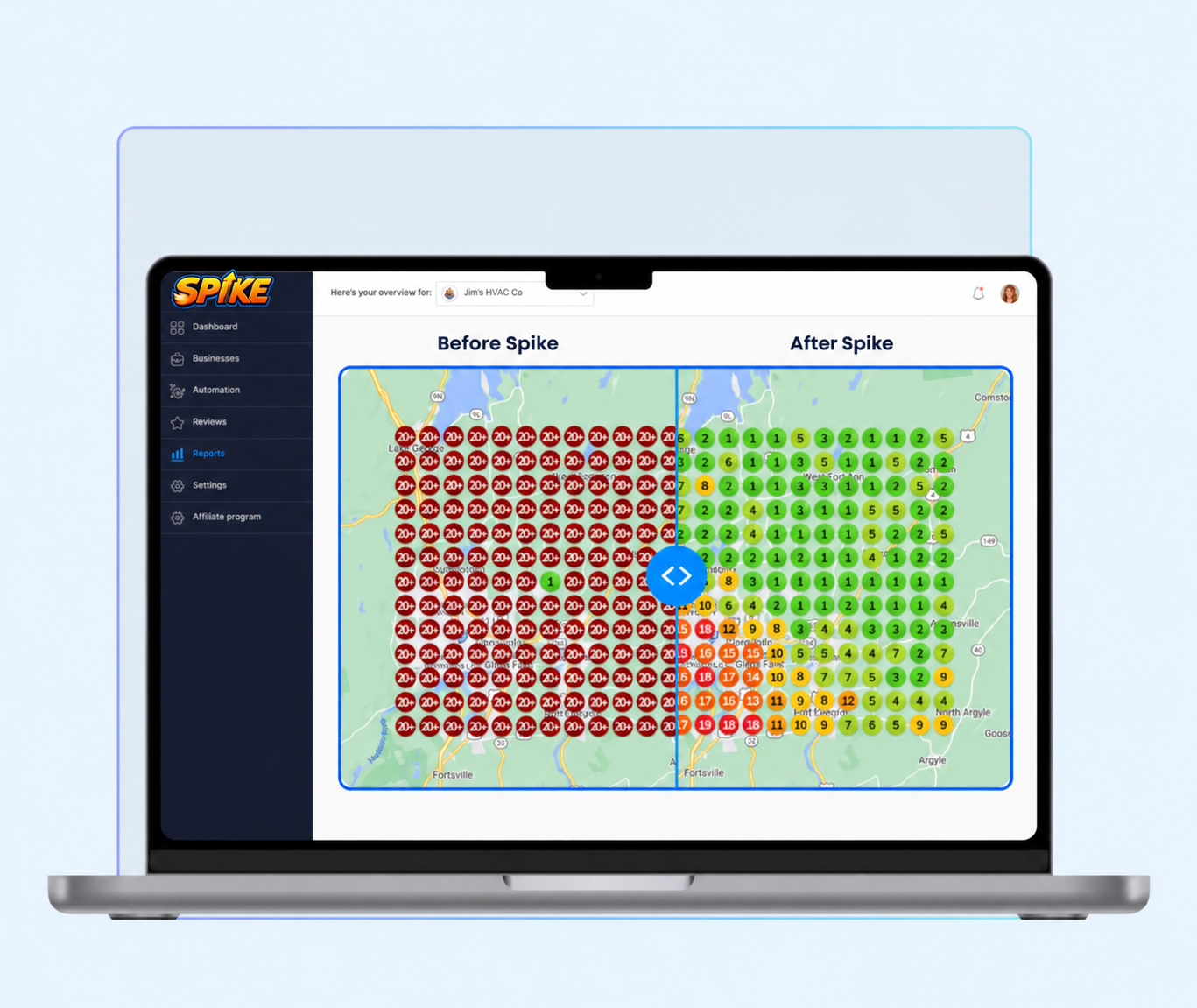 Spike AI Local SEO Dashboard showing Before and After ranking heatmap comparison