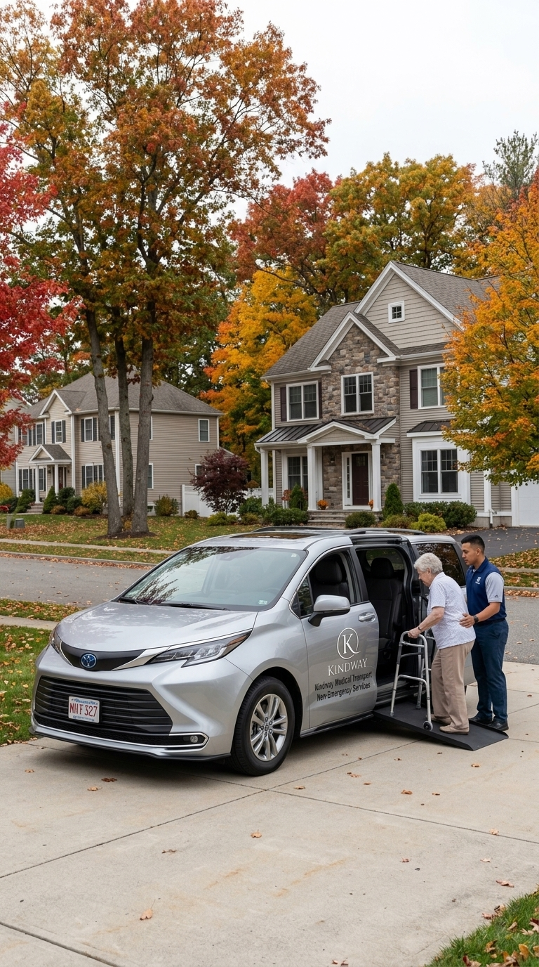 Kindway Transportation Driver Assisting Senior Passenger with Walker at Accessible Van Ramp