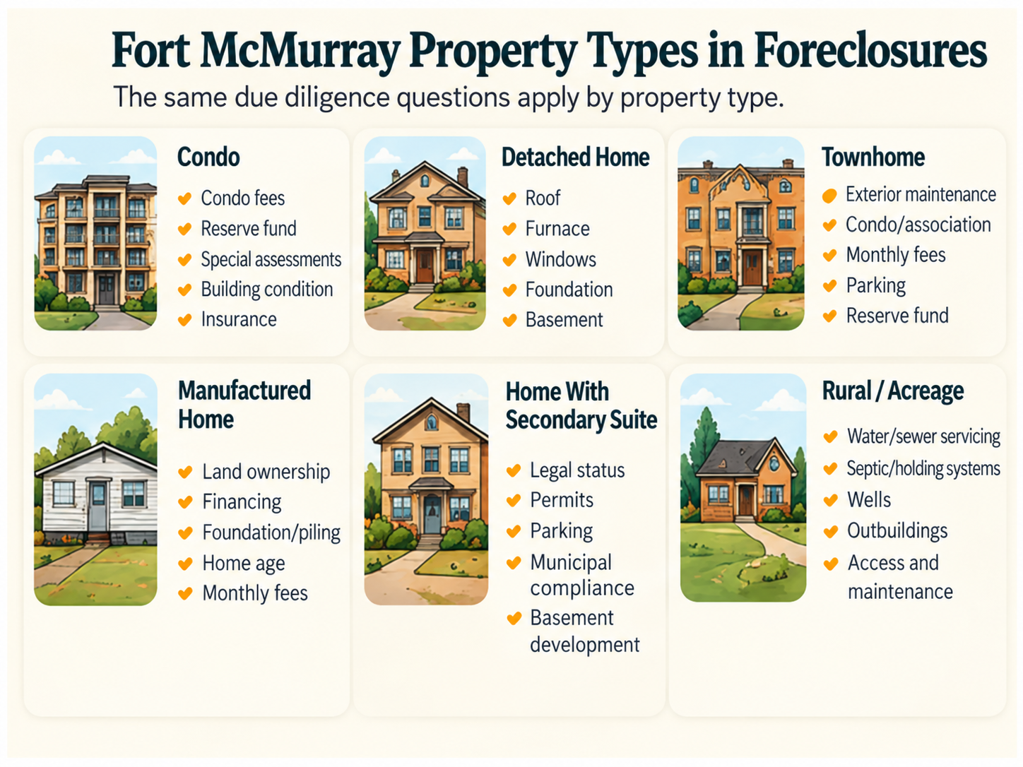 Fort McMurray Property Types in Foreclosures - The same due diligence questions apply by property type