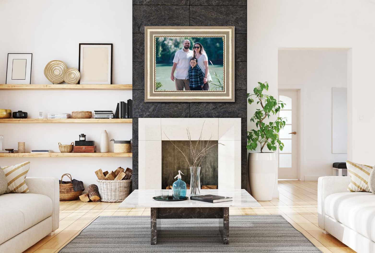 Large framed family portrait in a gold frame on a dark living room wall
