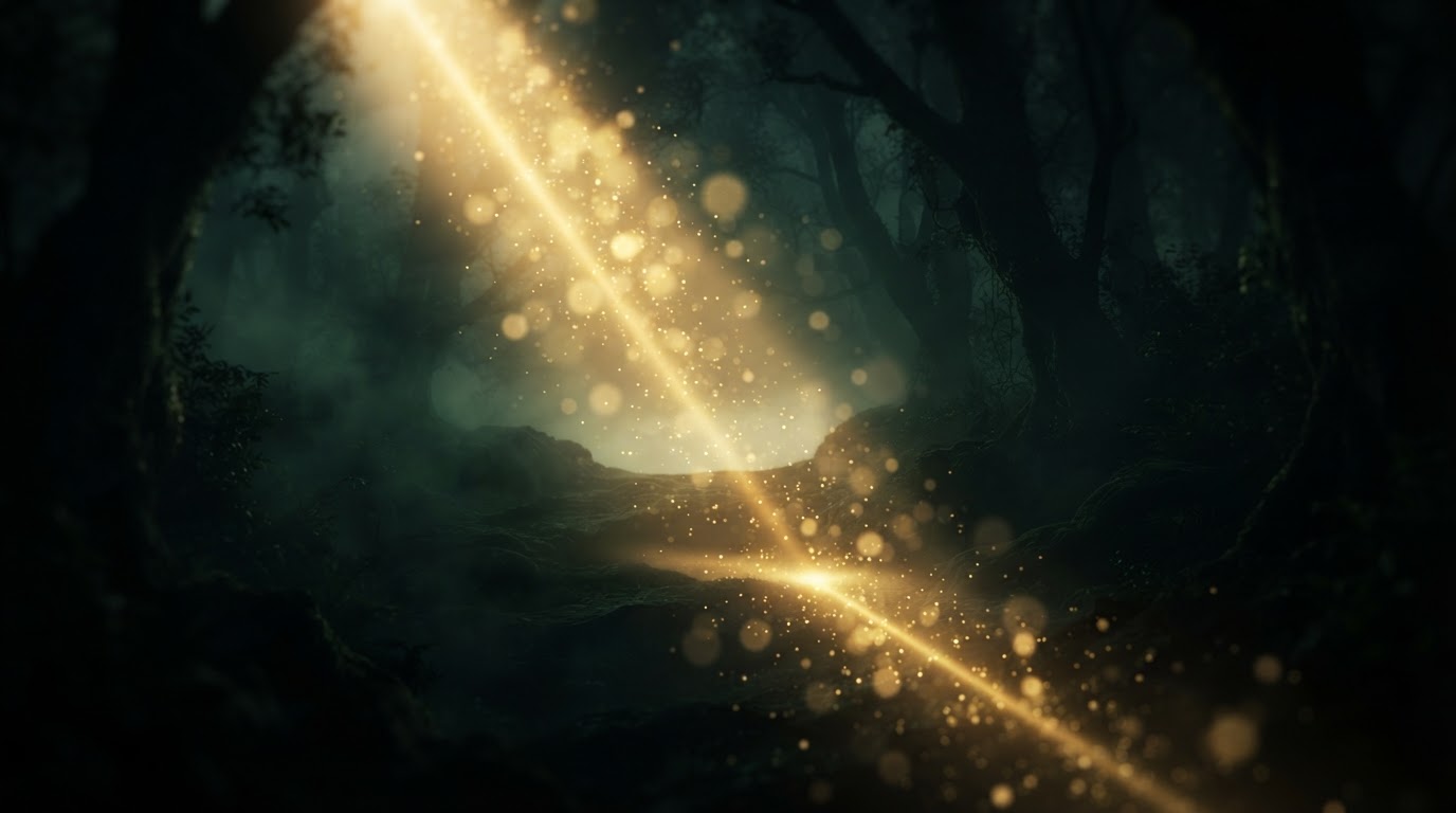 A bold beam of gold light breaking through darkness, symbolizing The WRIGHT WAY is coming