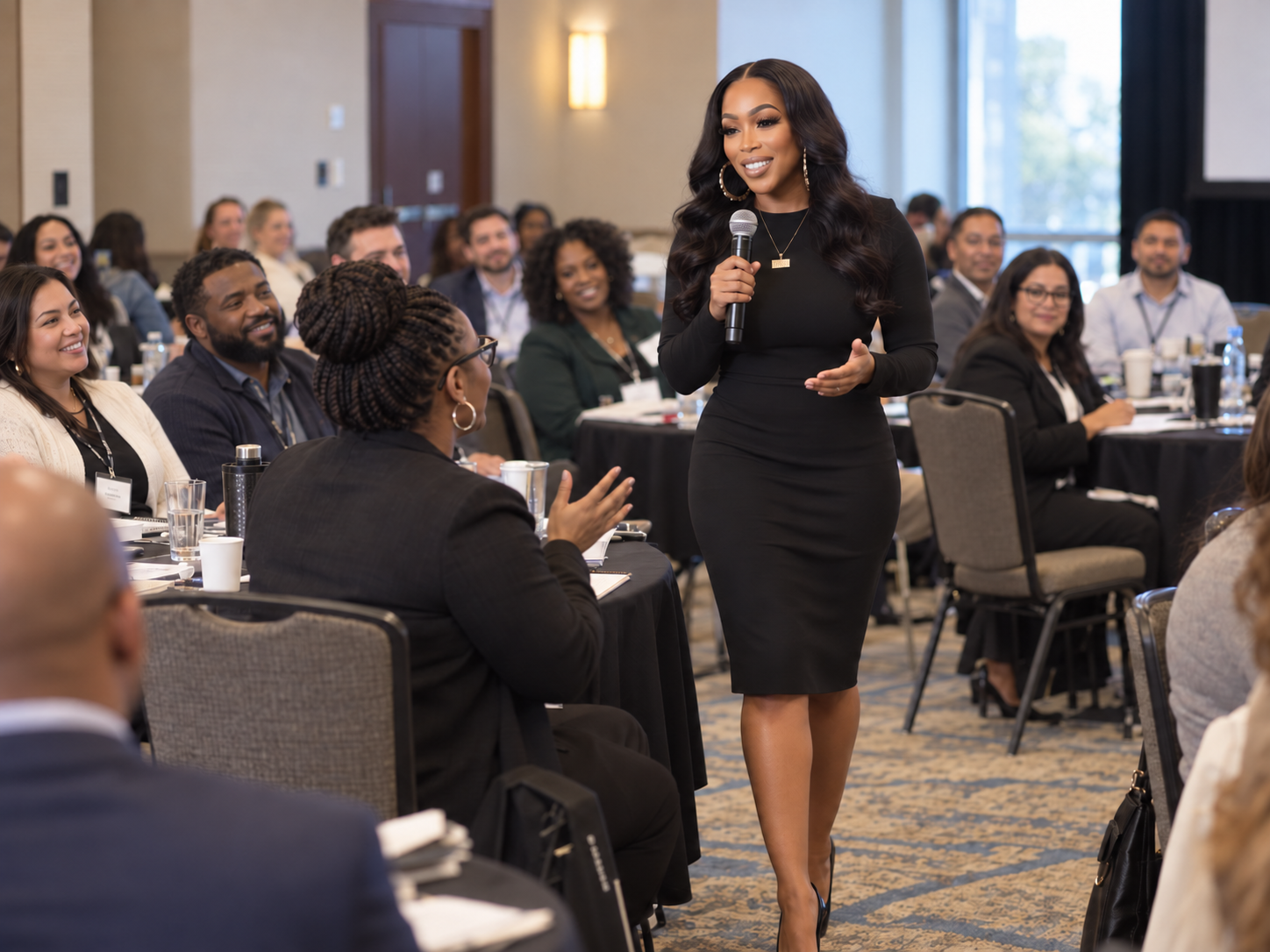 Antoinette Wright speaking on stage in front of an engaged audience