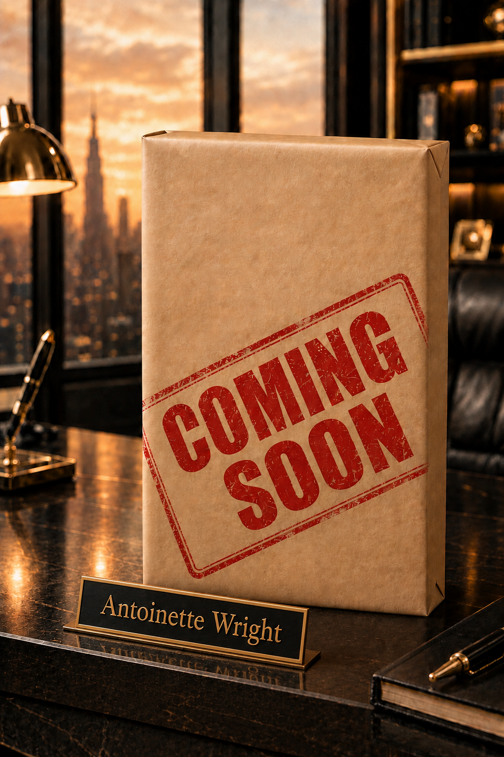 The WRIGHT WAY system, wrapped and stamped Coming Soon, on Antoinette Wright's desk