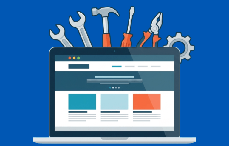 Web design for tradesmen tools and laptop graphic