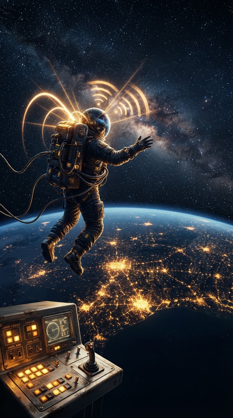 Earth at night with Houston, Texas glowing golden below and an astronaut floating with gold communication signals in deep navy space — HTX Funnels cleared for liftoff