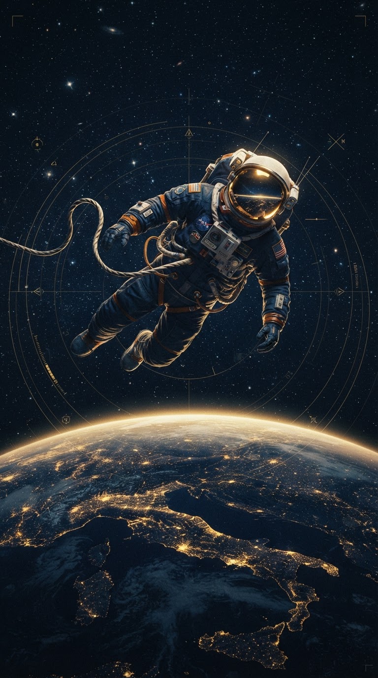 Earth viewed from orbit at night with golden city lights over Houston, Texas, and an astronaut floating in deep blue space — HTX Funnels Mission Control