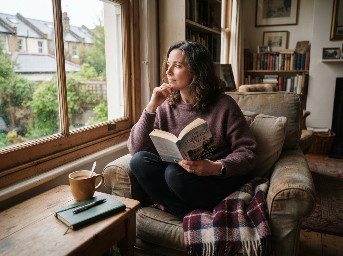 A woman curled up in an armchair in a cosy home, an open book resting in her lap, gazing thoughtfully out the window as a story idea catches her attention