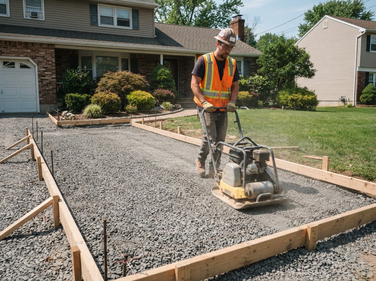 Compacted aggregate base preparation before a concrete driveway pour