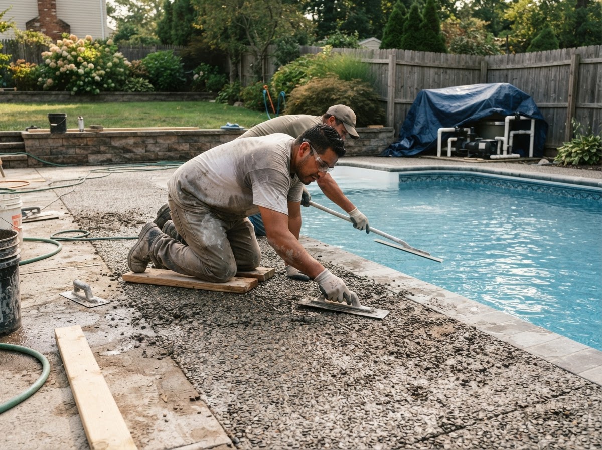 Concrete pool deck installation with exposed aggregate finish