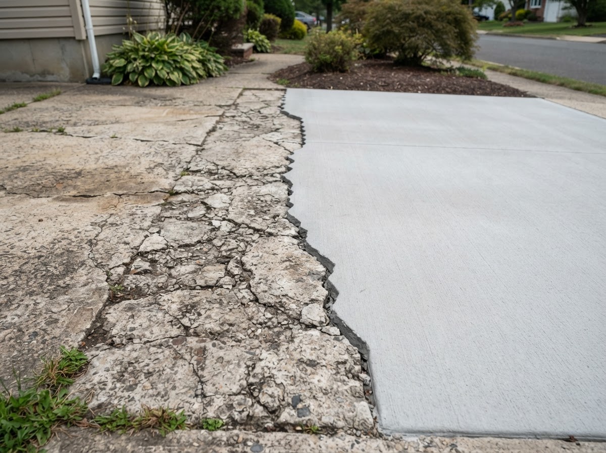 Concrete repair and resurfacing for worn exterior concrete