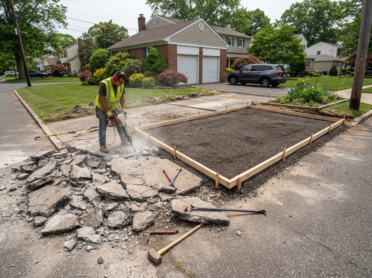 Concrete driveway replacement and widening preparation in Wall Township
