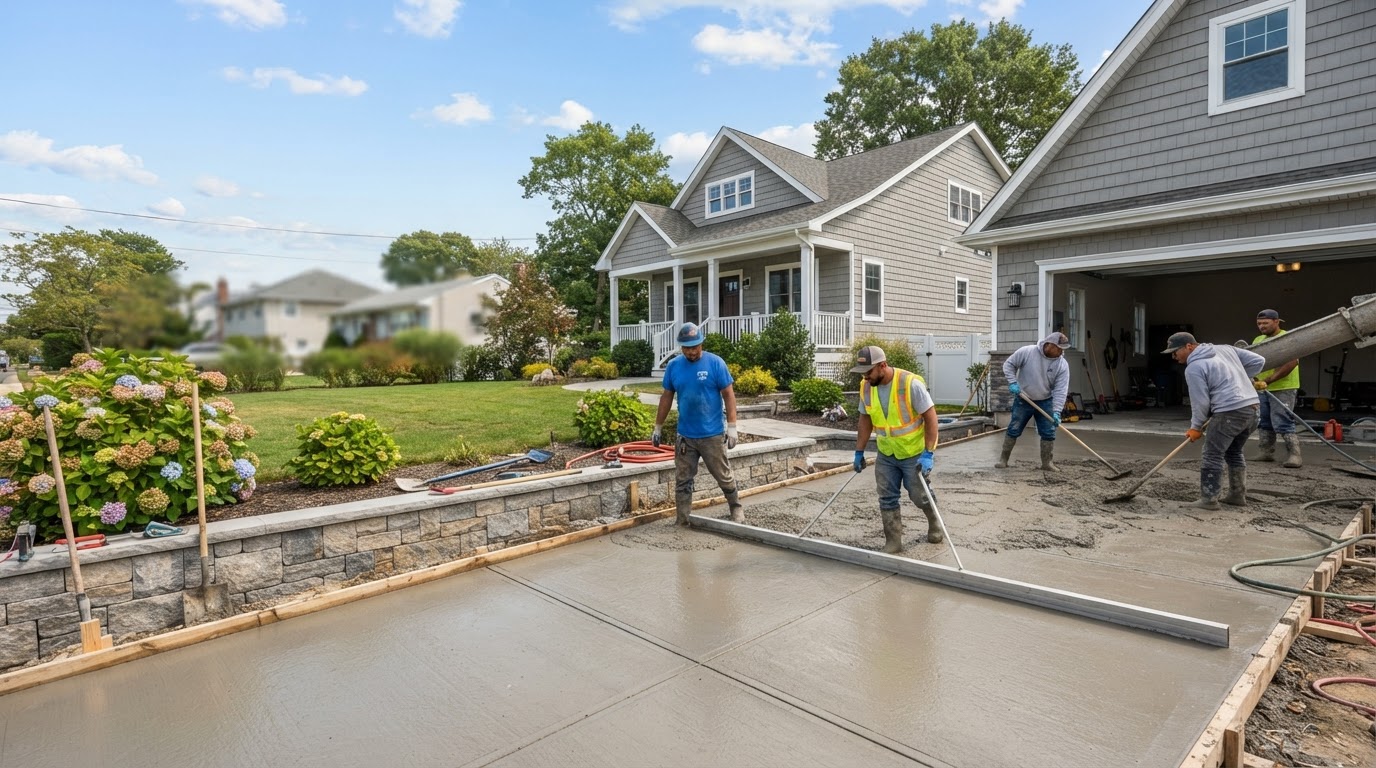 Concrete driveway installation at a suburban home in Wall Township, New Jersey