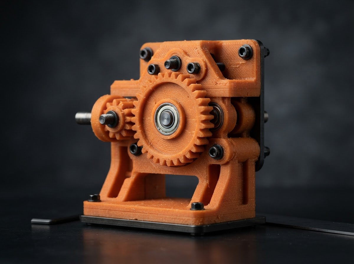3D printed orange PLA mechanical gear and bracket assembly