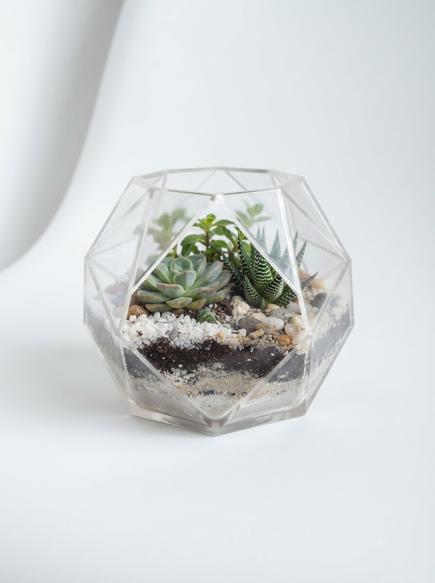 3D printed translucent clear resin geometric terrarium planter with faceted surfaces