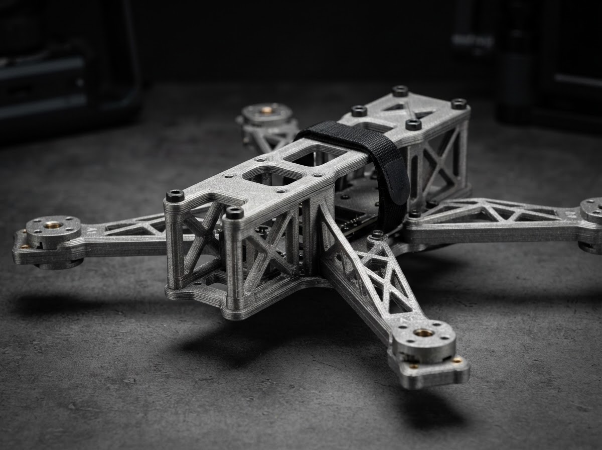 3D printed metallic gray ABS drone frame prototype