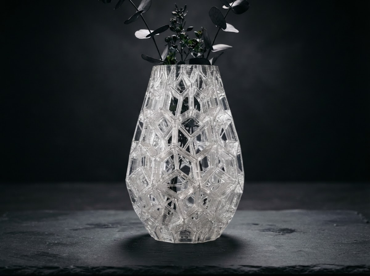 3D printed clear translucent PETG geometric lattice vase