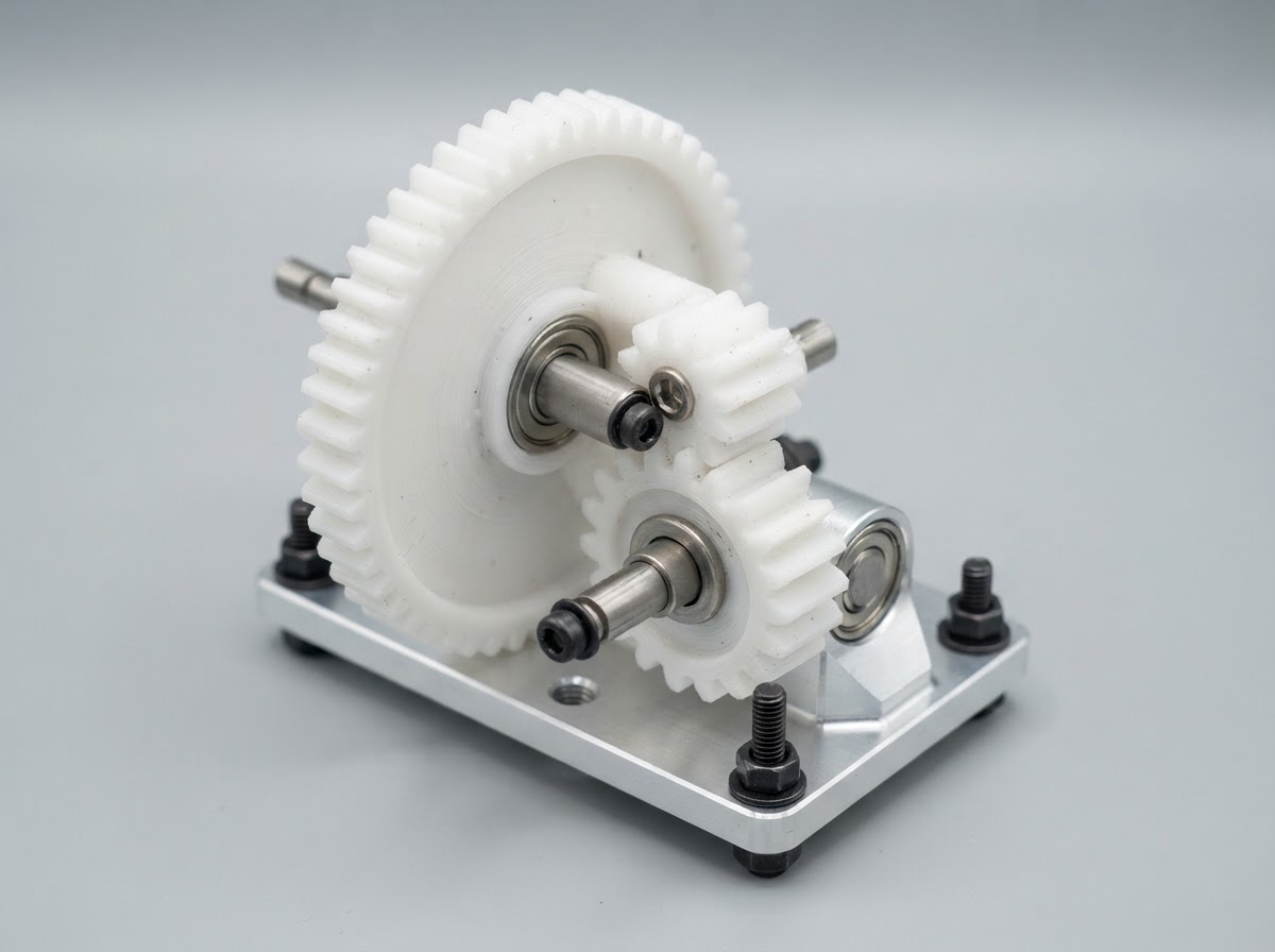 3D printed white PETG functional gear assembly