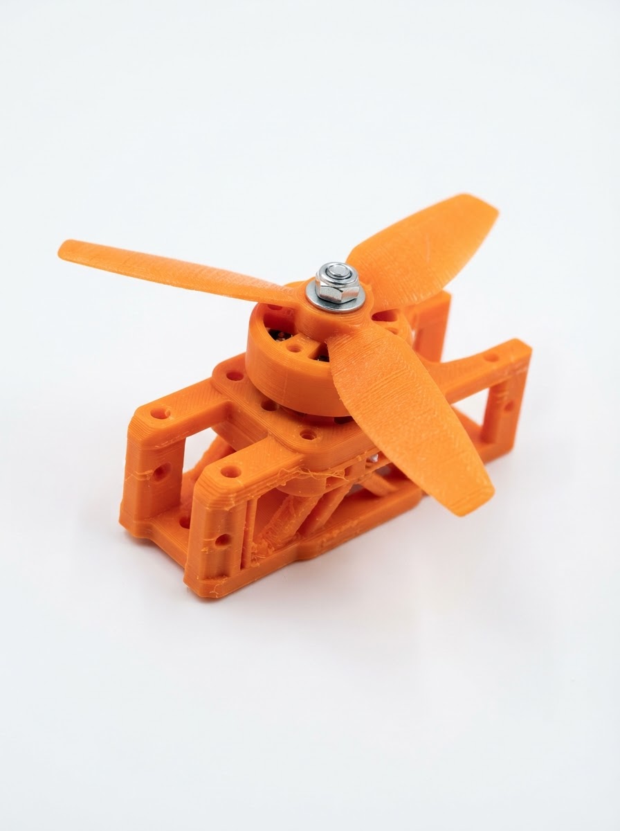 3D printed bright orange PLA modular drone propeller and motor mount prototype