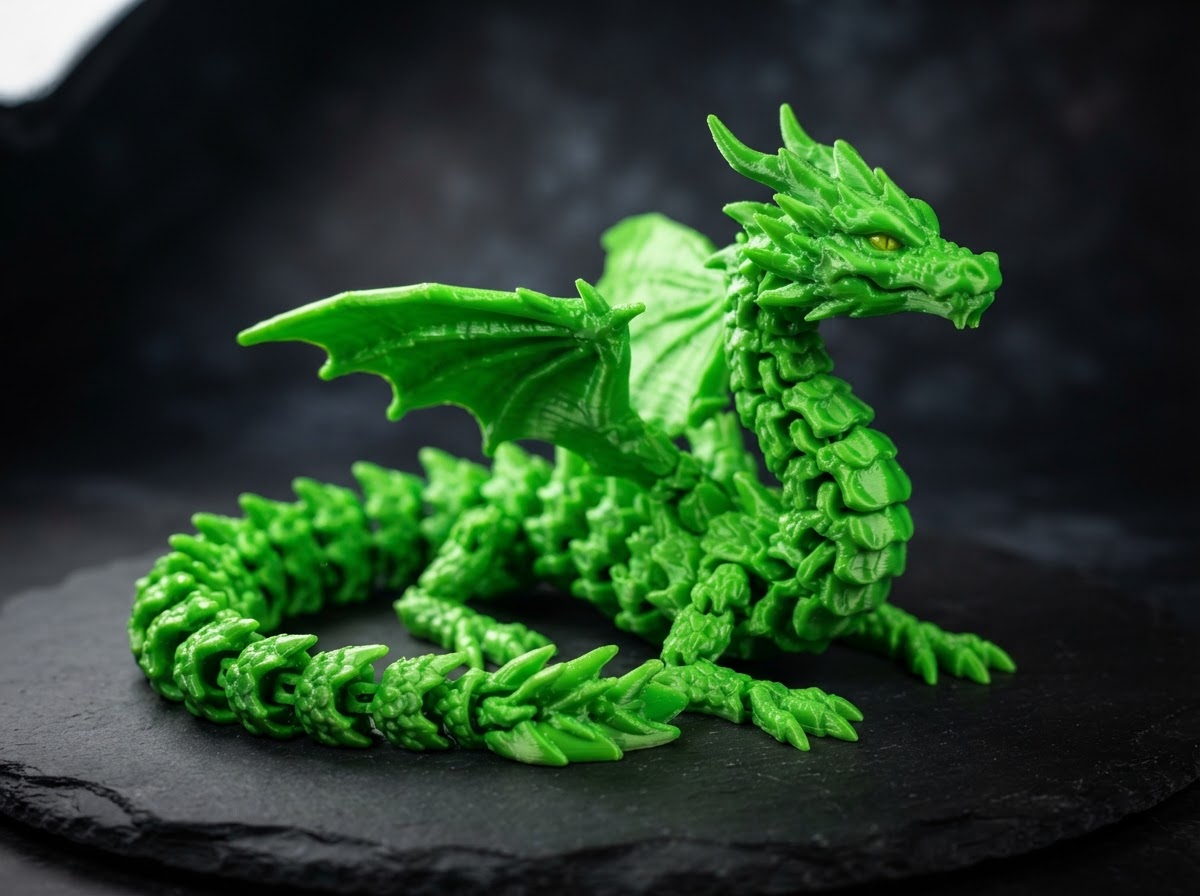 3D printed bright green PLA articulated dragon toy