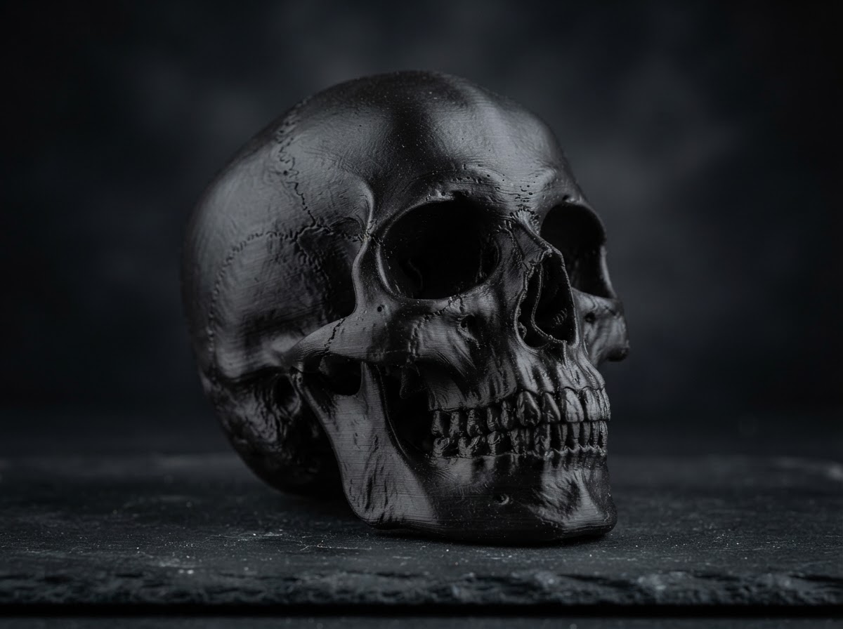 3D printed black resin detailed skull model