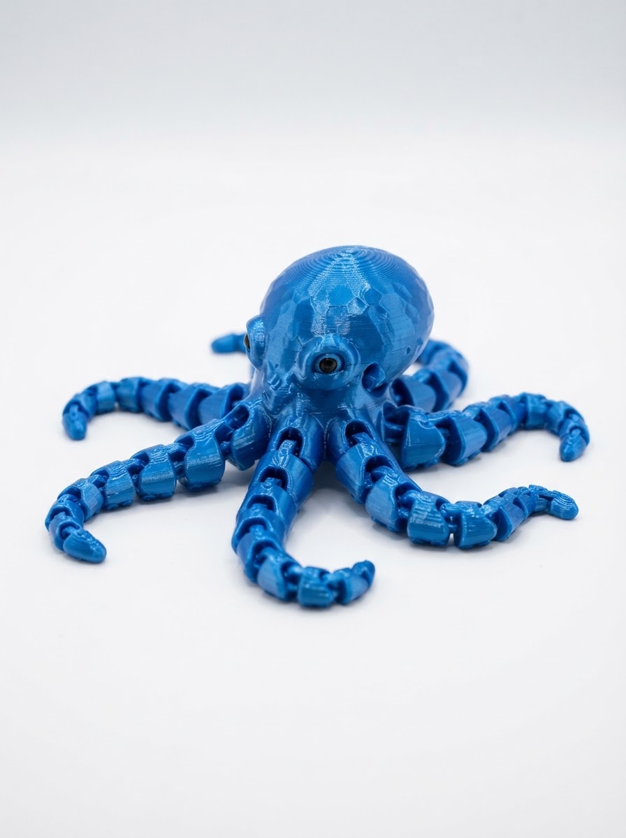 3D printed glossy blue PLA articulated octopus toy with movable tentacles