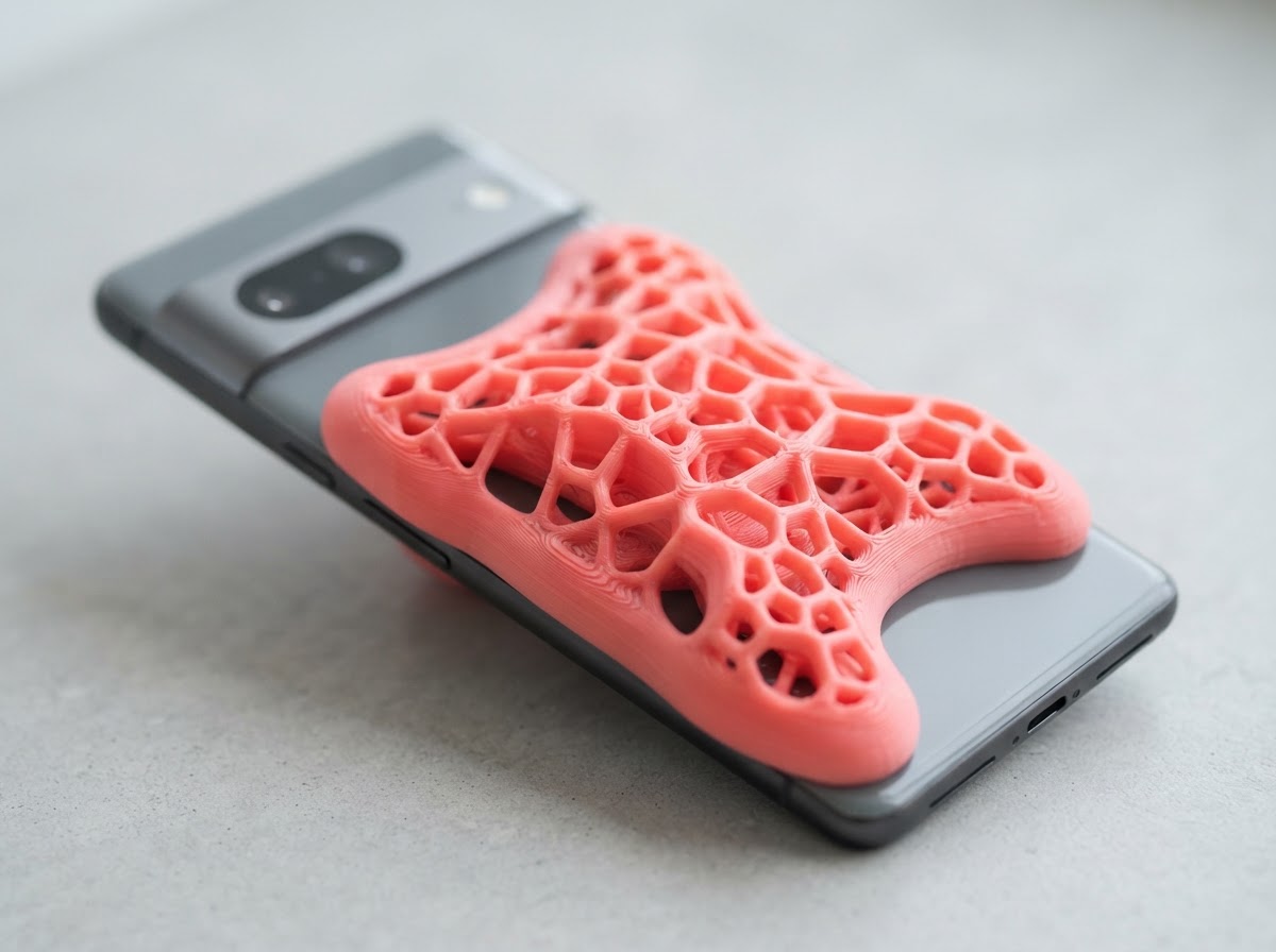 3D printed flexible coral pink TPU phone grip case