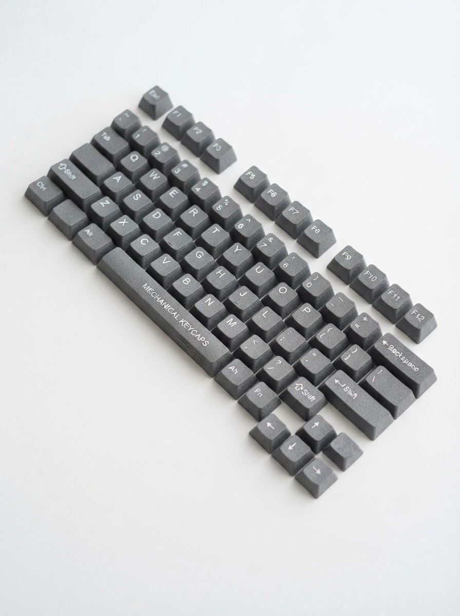 3D printed matte gray PLA mechanical keyboard keycap set with textured surface